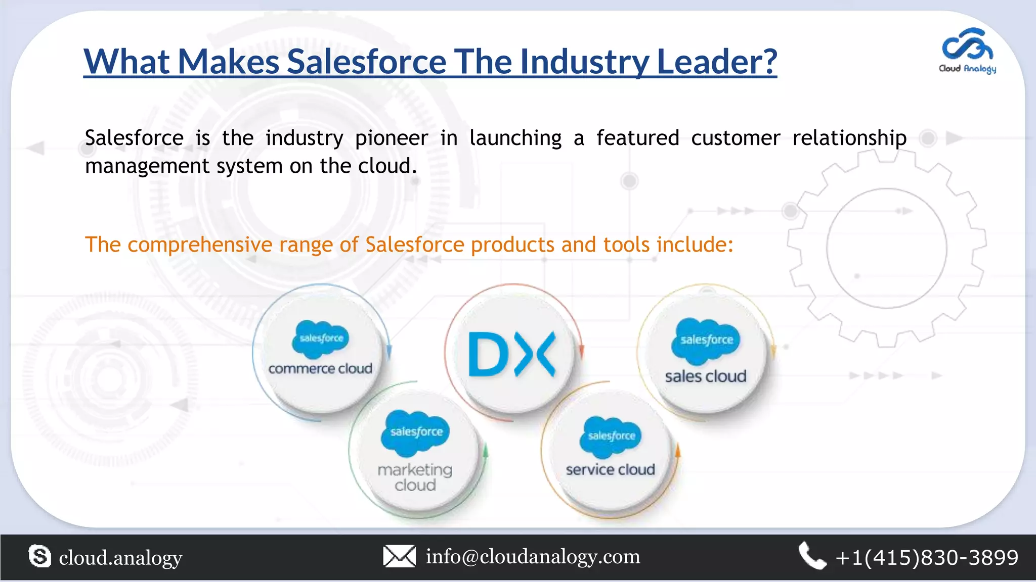 What Makes Salesforce The Industry Leader?
Salesforce is the industry pioneer in launching a featured customer relationship
management system on the cloud.
The comprehensive range of Salesforce products and tools include:
cloud.analogy info@cloudanalogy.com +1(415)830-3899
 
