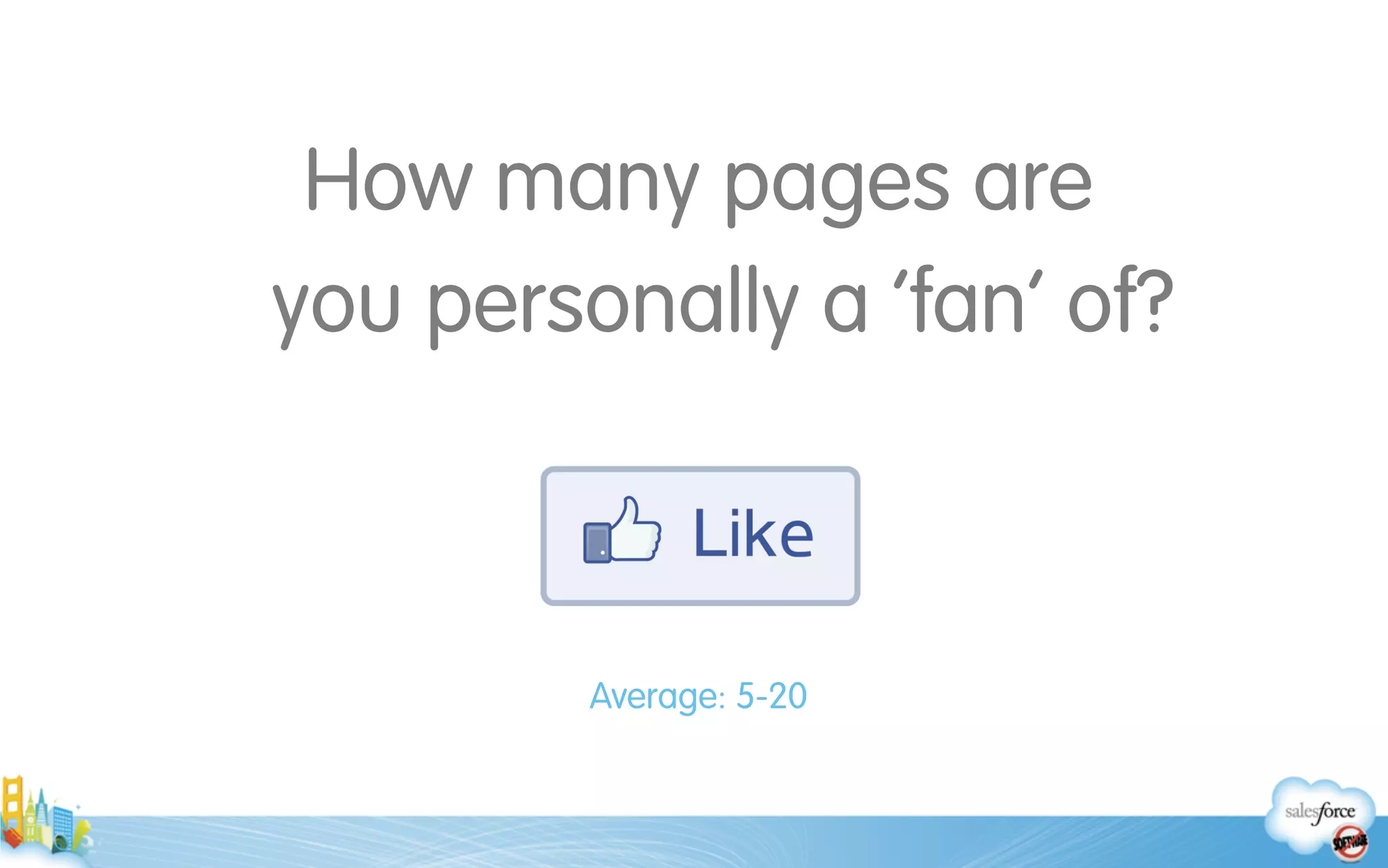 How many pages are 
you personally a ‘fan’ of?
!
!
Average: 5-20
 