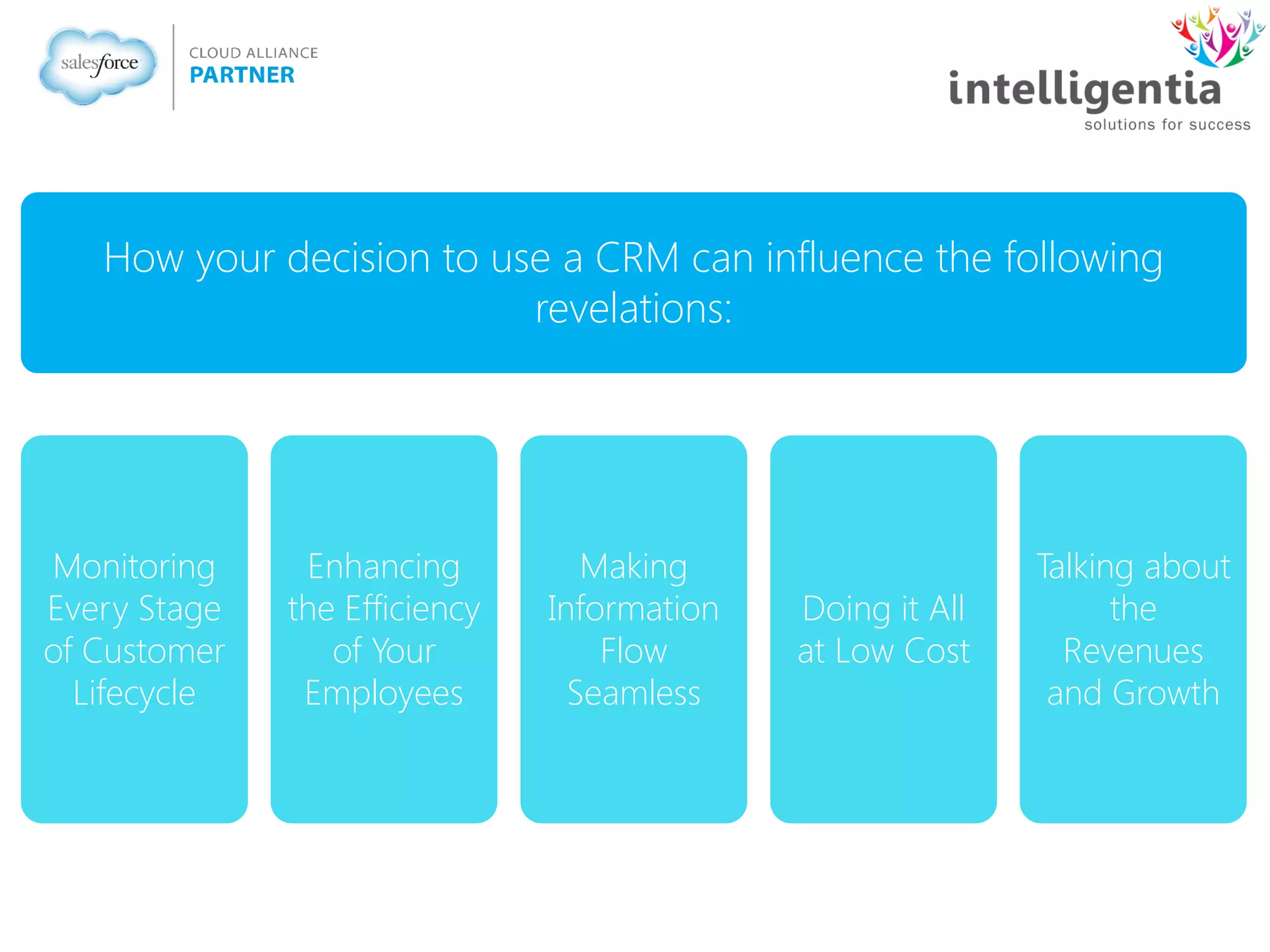How your decision to use a CRM can influence the following
revelations:
Monitoring
Every Stage
of Customer
Lifecycle
Enhancing
the Efficiency
of Your
Employees
Making
Information
Flow
Seamless
Doing it All
at Low Cost
Talking about
the
Revenues
and Growth
 