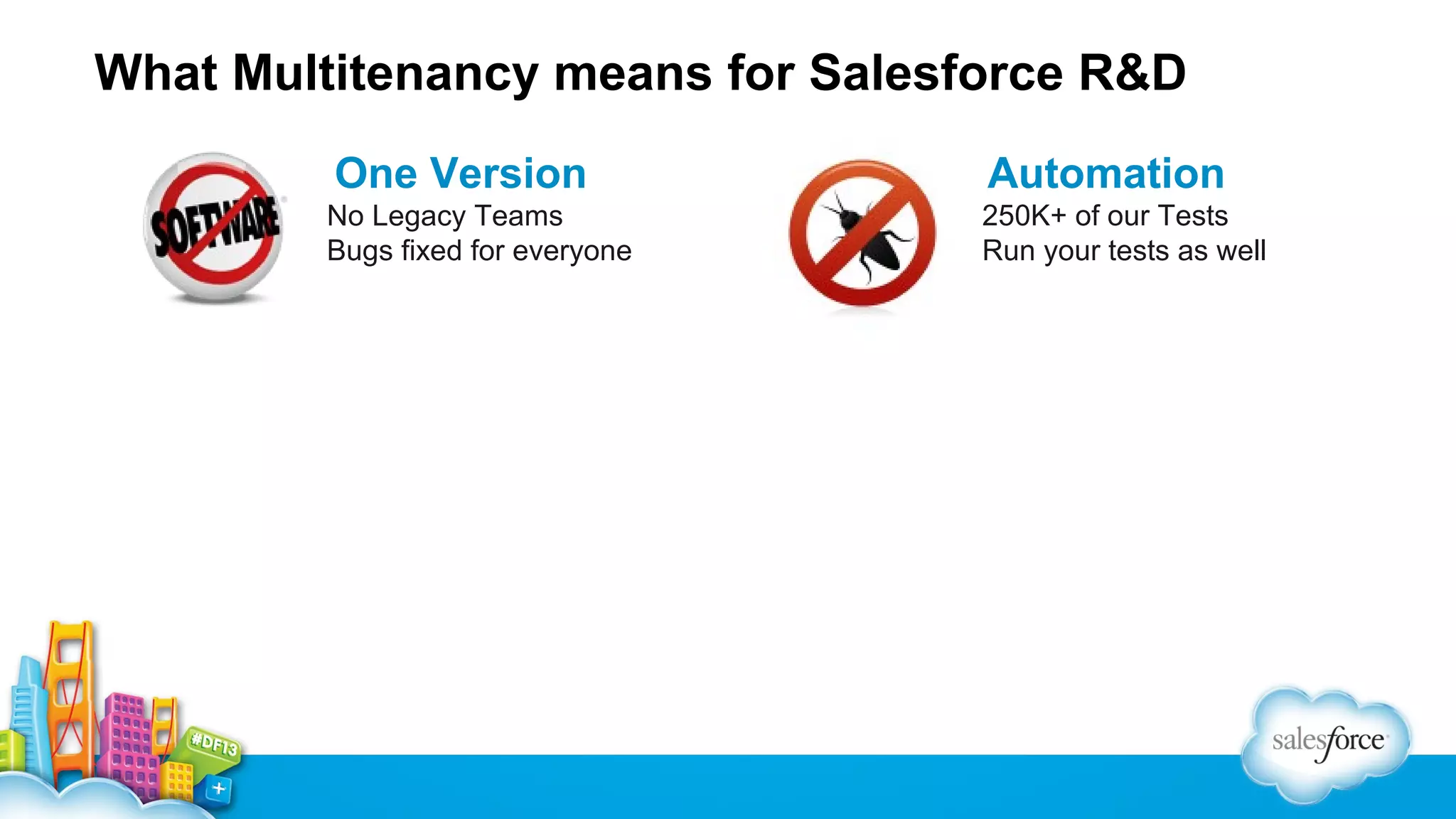 What Multitenancy means for Salesforce R&D
One Version

Automation

No Legacy Teams
Bugs fixed for everyone

250K+ of our Tests
Run your tests as well

 