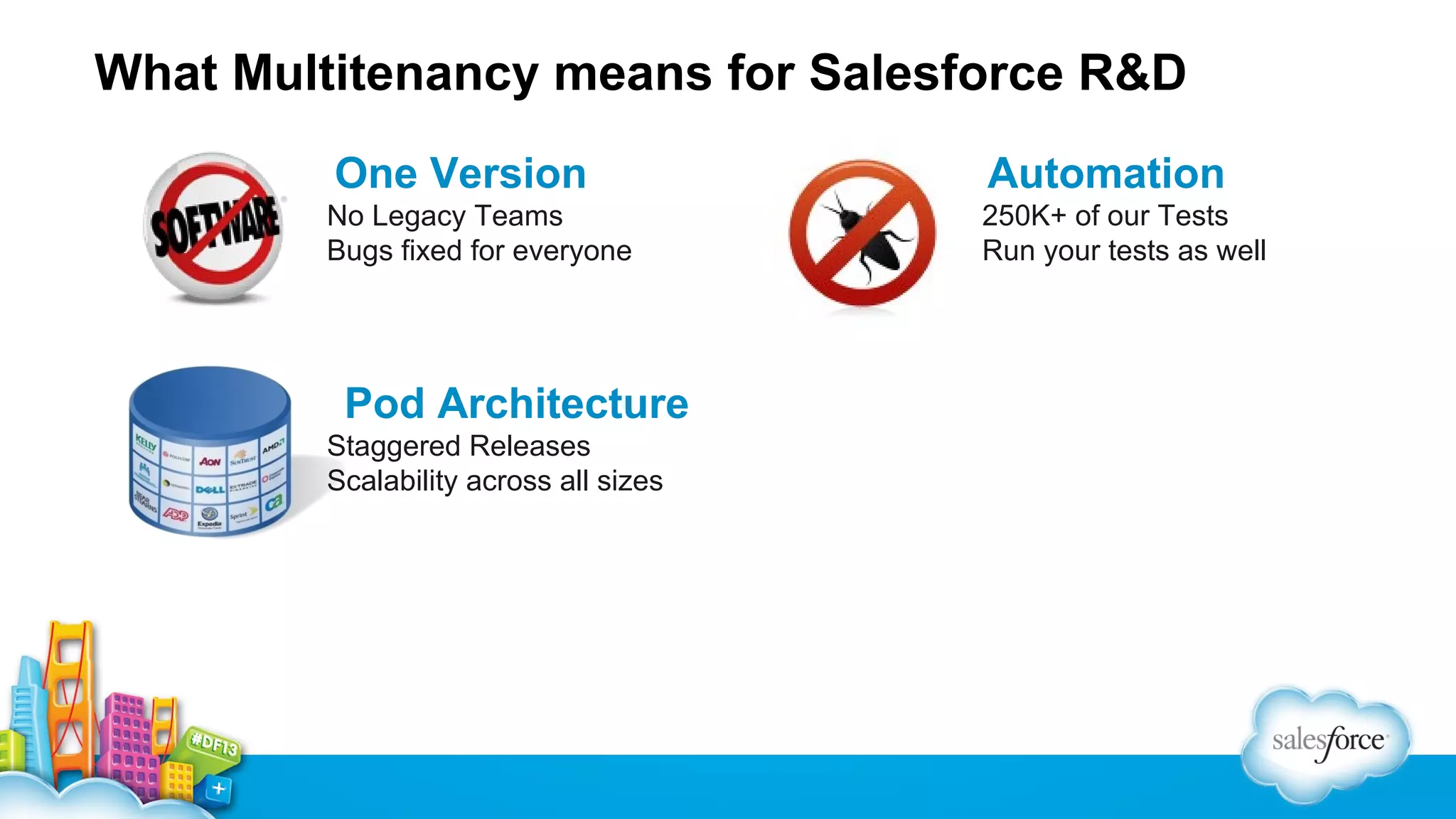 What Multitenancy means for Salesforce R&D
One Version

Automation

No Legacy Teams
Bugs fixed for everyone

250K+ of our Tests
Run your tests as well

Pod Architecture
Staggered Releases
Scalability across all sizes

 
