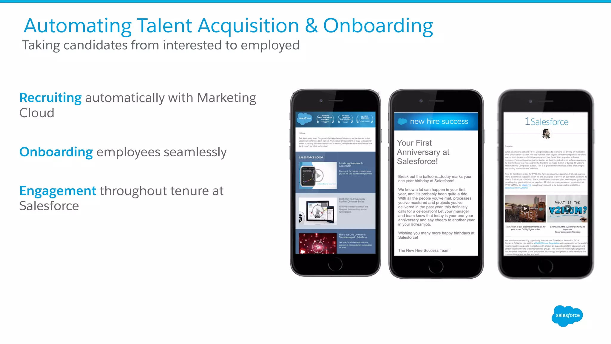 Recruiting automatically with Marketing
Cloud
Onboarding employees seamlessly
Engagement throughout tenure at
Salesforce
Automating Talent Acquisition & Onboarding
​ Taking candidates from interested to employed
 