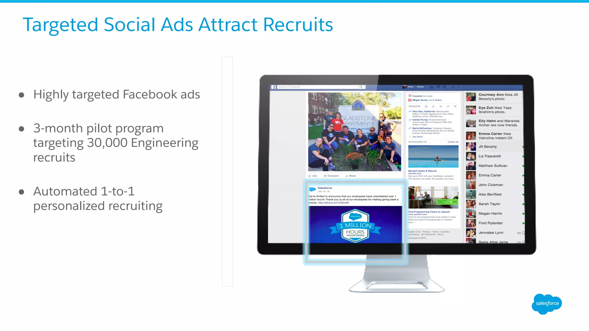 ●  Highly targeted Facebook ads
●  3-month pilot program
targeting 30,000 Engineering
recruits
●  Automated 1-to-1
personalized recruiting
Targeted Social Ads Attract Recruits
 