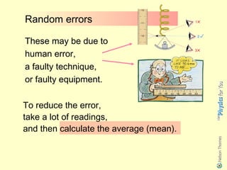 Random errors

These may be due to
human error,
a faulty technique,
or faulty equipment.

To reduce the error,
take a lot of readings,
and then calculate the average (mean).
 