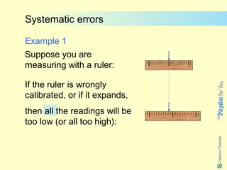 Systematic errors

Example 1
Suppose you are
measuring with a ruler:

If the ruler is wrongly
calibrated, or if it expands,
then all the readings will be
too low (or all too high):
 
