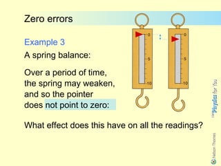 Zero errors

Example 3
A spring balance:

Over a period of time,
the spring may weaken,
and so the pointer
does not point to zero:

What effect does this have on all the readings?
 