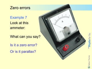 Zero errors

Example 7
Look at this
ammeter:

What can you say?

Is it a zero error?
Or is it parallax?
 