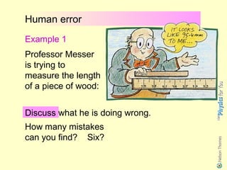 Human error
Example 1
Professor Messer
is trying to
measure the length
of a piece of wood:


Discuss what he is doing wrong.
How many mistakes
can you find? Six?
 