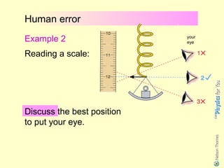 Human error
Example 2                   your
                            eye

Reading a scale:




Discuss the best position
to put your eye.
 