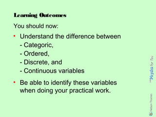 Learning Outcomes
You should now:
• Understand the difference between
  - Categoric,
  - Ordered,
  - Discrete, and
  - Continuous variables
• Be able to identify these variables
  when doing your practical work.
 