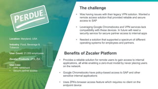 22
Location: Maryland, USA
Industry: Food, Beverage &
Tobacco
User Count: 21,000 employees
Zscaler Products: ZPA, ZIA
Use Case:
• VPN retirement
• Secure partner access
The challenge
Benefits of Zscaler Platform
• Was having issues with their legacy VPN solution. Wanted a
remote access solution that provided reliable and secure
access to SAP
• Leveraging Google Chromebooks and VPN services lack
compatibility with these devices. In future will need a
security service for secure partner access to internal apps
• Needed a solution that supported a spectrum of different
operating systems for employees and partners.
• Provides a reliable solution for remote users to gain access to internal
applications, all while enabling a zero-trust model by never placing users
on the network.
• Google Chromebooks have policy-based access to SAP and other
sensitive internal applications
• Uses ZPA’s browser access feature which requires no client on the
endpoint device
• Avoid lock-in
 