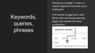 Keywords,
queries,
phrases
Words you “google” or use in a
search engine to find what you’re
looking for.
# of results Google has in their
library that use those keywords.
Bigger the number the more
competitive.
 