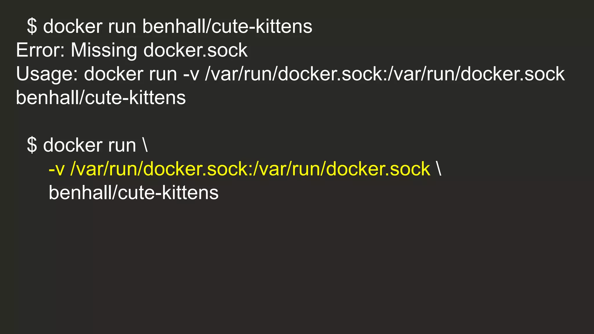 $ docker run benhall/cute-kittens
Error: Missing docker.sock
Usage: docker run -v /var/run/docker.sock:/var/run/docker.sock
benhall/cute-kittens
$ docker run 
-v /var/run/docker.sock:/var/run/docker.sock 
benhall/cute-kittens
 