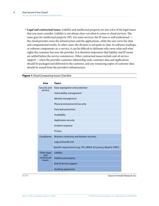 © 2009, Forrester Research, Inc. Reproduction ProhibitedMay 8, 2009 | Updated: August 4, 2009
How Secure Is Your Cloud?
For Security & Risk Management Professionals
4
·	Legal and contractual issues. Liability and intellectual property are just a few of the legal issues
that you must consider. Liability is not always clear-cut when it comes to cloud services. The
same goes for intellectual property (IP). For some services, the IP issue is well understood —
the cloud provider owns the infrastructure and the applications, while the user owns her data
and computational results. In other cases, the division is not quite so clear. In software mashups,
or software components-as-a-service, it can be difficult to delineate who owns what and what
rights the customer has over the provider. It is therefore imperative that liability and IP issues
are settled before the service commences. Other contractual issues include end-of-service
support —when the provider-customer relationship ends, customer data and applications
should be packaged and delivered to the customer, and any remaining copies of customer data
should be erased from the provider’s infrastructure.
Figure 1 Cloud Computing Issues Checklist
Source: Forrester Research, Inc.45778
Area Topics
Security and
privacy
Compliance
Other legal
and
contractual
issues
Data segregation and protection
Vulnerability management
Identity management
Physical and personnel security
Data leak prevention
Availability
Application security
Incident response
Privacy
Business continuity and disaster recovery
Logs and audit trail
Specific requirements (e.g., PCI, HIPAA, EU privacy, Basel II, FFIEC)
Liability
Intellectual property
End of service support
Auditing agreement
 