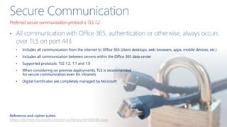 Preferred secure communication protocol is TLS 1.2.
• Includes all communication from the internet to Office 365 (client d...