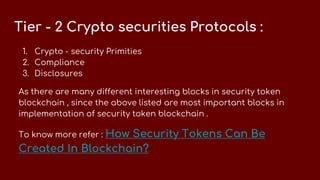 Tier - 2 Crypto securities Protocols :
1. Crypto - security Primities
2. Compliance
3. Disclosures
As there are many different interesting blocks in security token
blockchain , since the above listed are most important blocks in
implementation of security token blockchain .
To know more refer : How Security Tokens Can Be
Created In Blockchain?
 
