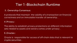 Tier 1 -Blockchain Runtime
3 . Ownership-Consensus:
A protocols that maintain the validity of a transaction on financial
correctness and on immutable transfer of ownership .
4 .Privacy :
The ability to establish privacy protections on different information
sets related to assets and owners comes under privacy .
5 .Oracles :
Oracle is responsible for access of off-chain data that is relevant to
crypto-securities .
 