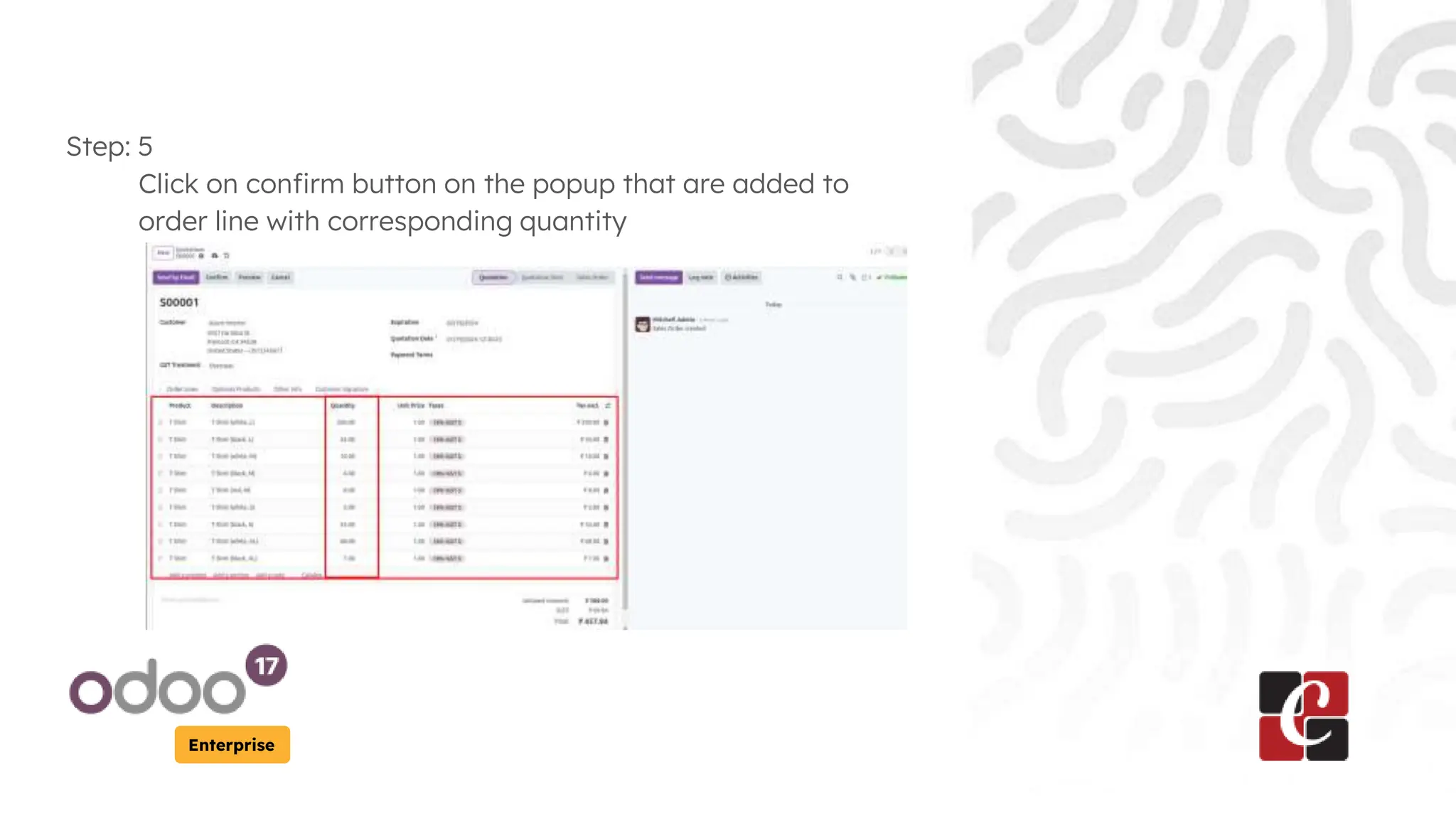 Enterprise
Step: 5
Click on confirm button on the popup that are added to
order line with corresponding quantity