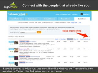 Connect with the people that already like you
If people decided to follow you, they most likely like what you do. They also list their
websites on Twitter. Use Followerwonk.com to connect.
 
