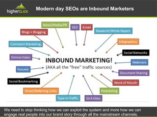 Modern day SEOs are Inbound Marketers
We need to stop thinking how we can exploit the system and more how we can
engage real people into our brand story through all the mainstream channels.
 