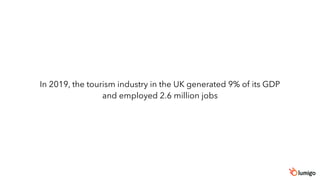 In 2019, the tourism industry in the UK generated 9% of its GDP
and employed 2.6 million jobs
 