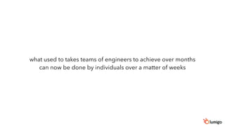 what used to takes teams of engineers to achieve over months
can now be done by individuals over a matter of weeks
 