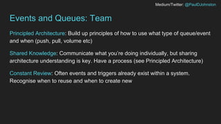 Medium/Twitter: @PaulDJohnston
Events and Queues: Team
Principled Architecture: Build up principles of how to use what typ...
