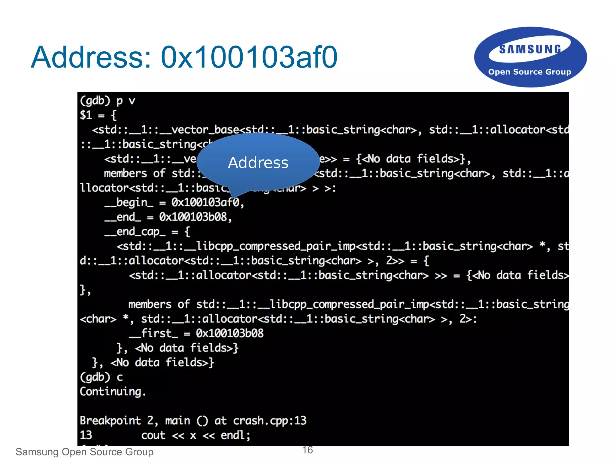 16
AddressAddress
Address: 0x100103af0
Samsung Open Source Group
 