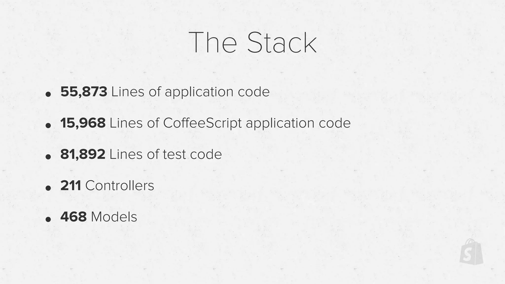 • 55,873 Lines of application code
• 15,968 Lines of CoﬀeeScript application code
• 81,892 Lines of test code
• 211 Controllers
• 468 Models
The Stack
 