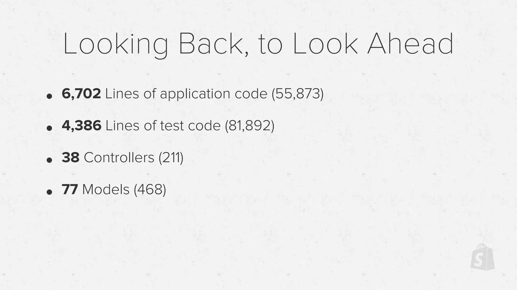 Looking Back, to Look Ahead
• 6,702 Lines of application code (55,873)
• 4,386 Lines of test code (81,892)
• 38 Controllers (211)
• 77 Models (468)
 