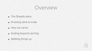 • The Shopify stack
• Knowing what to scale
• How we cache
• Scaling beyond caching
• Splitting things up
Overview
 