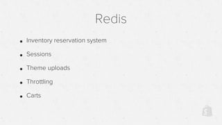 Redis
• Inventory reservation system
• Sessions
• Theme uploads
• Throttling
• Carts
 