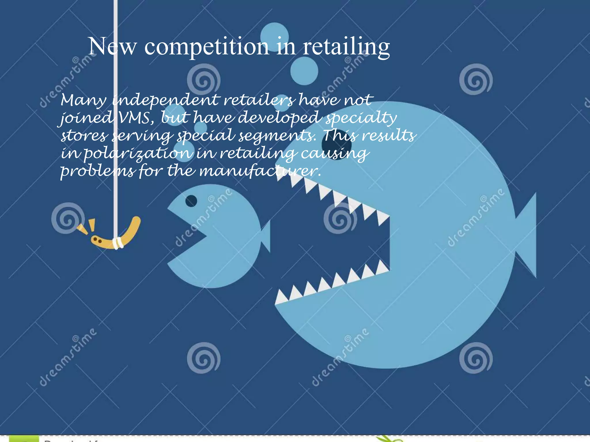 New competition in retailing
Many independent retailers have not
joined VMS, but have developed specialty
stores serving special segments. This results
in polarization in retailing causing
problems for the manufacturer.
 