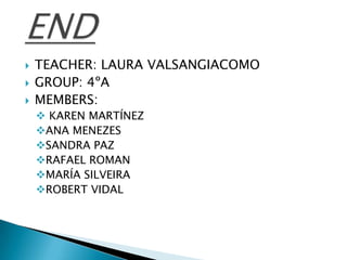    TEACHER: LAURA VALSANGIACOMO
   GROUP: 4ºA
   MEMBERS:
     KAREN MARTÍNEZ
    ANA MENEZES
    SANDRA PAZ
    RAFAEL ROMAN
    MARÍA SILVEIRA
    ROBERT VIDAL
 
