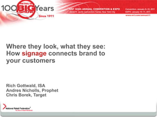 Where they look, what they see:
How signage connects brand to
your customers


Rich Gottwald, ISA
Andres Nicholls, Prophet
Chris Borek, Target
 