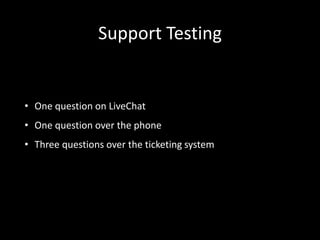 Support Testing 
• One question on LiveChat 
• One question over the phone 
• Three questions over the ticketing system 
 