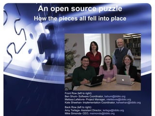 An open source puzzle How the pieces all fell into place Front Row (left to right):  Ben Shum- Software Coordinator,  [email_address]   Melissa Lefebvre- Project Manager,  [email_address] Kate Sheehan- Implementation Coordinator,  [email_address] Back Row (left to right): Amy Terlaga- Assistant Director,  [email_address] Mike Simonds- CEO,  [email_address] 