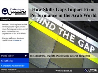 How Skills Gaps Impact Firm
                                                                  Performance in the Arab World
About Us

  Tahseen Consulting is an advisor
  on strategic and organizational
  issues facing governments, social
  sector institutions, and
  corporations in the Arab World.

  You can read more about our
  capabilities at tahseen.ae
                                                     ▲




Public Sector                                                    The operational impacts of skills gaps on Arab companies

Social Sector

Corporate Responsibility
CONFIDENTIAL AND PROPRIETARY
Any use of this material without specific permission of Tahseen Consulting is strictly prohibited   www.tahseen.ae
 