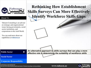 Rethinking How Establishment
                                                                 Skills Surveys Can More Effectively
About Us                                                           Identify Workforce Skills Gaps
  Tahseen Consulting is an advisor
  on strategic and organizational
  issues facing governments, social
  sector institutions, and
  corporations in the Arab World.

  You can read more about our
  capabilities at tahseen.ae




                                                                 An alternative approach to skills surveys that can play a more
                                                     ▲




Public Sector
                                                                 effective role in determining the suitability of workforce skills
Social Sector

Corporate Responsibility
CONFIDENTIAL AND PROPRIETARY
Any use of this material without specific permission of Tahseen Consulting is strictly prohibited   www.tahseen.ae           | 1
 