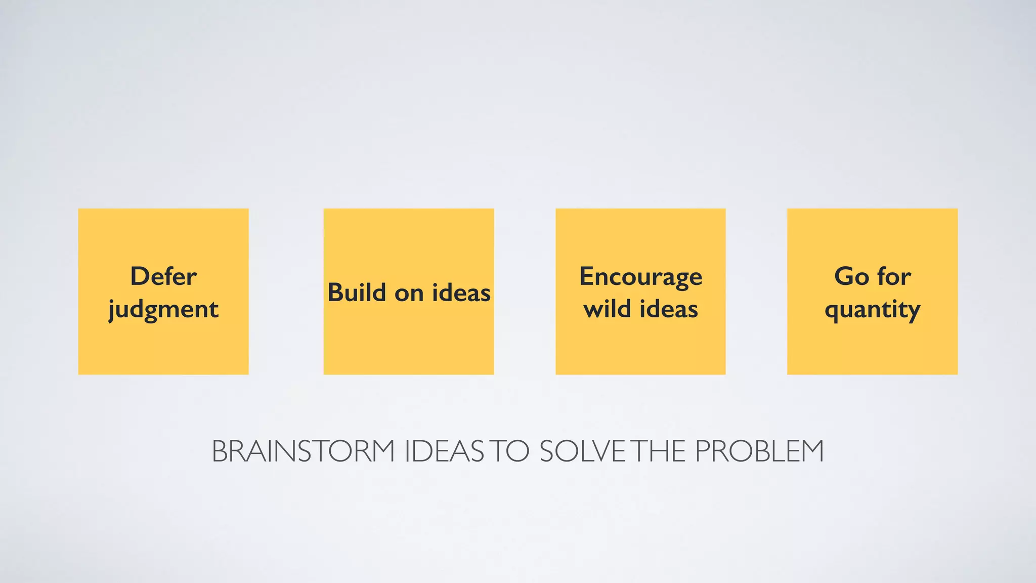 BRAINSTORM IDEASTO SOLVETHE PROBLEM
Defer
judgment
Build on ideas
Encourage
wild ideas
Go for
quantity
 