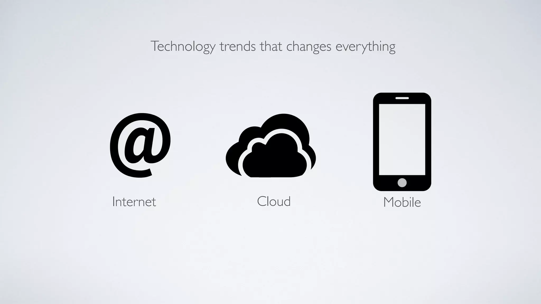 Technology trends that changes everything
Internet Cloud Mobile
 