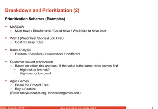 9© Anu Khendry 2016 How smooth is your Agile ride?
Breakdown and Prioritization (2)
Prioritization Schemes (Examples)
 MoSCoW
o Must have / Should have / Could have / Would like to have later
 WSFJ (Weightiest Shortest Job First)
o Cost of Delay / Size
 Kano Analysis
o Exciters / Satisfiers / Dissatisfiers / Indifferent
 Customer valued prioritization
o Based on value, risk and cost. If the value is the same, what comes first:
• High risk or low risk?
• High cost or low cost?
 Agile Games
o Prune the Product Tree
o Buy a Feature
(Refer tastycupcakes.org, innovationgames.com)
 