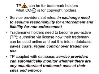 TP  can be for trademark holders  what CC  is for copyright holders Service providers set rules:   in exchange need to assume responsibility for enforcement and liability for non-enforcement   Trademarks holders need to become pro-active (TP); authorise via license how their trademark can be used online and put this info in database:  saves costs, regain control over trademark use TP coupled with database:  service providers can automatically monitor whether there are any unauthorised trademark uses at their sites and enforce 