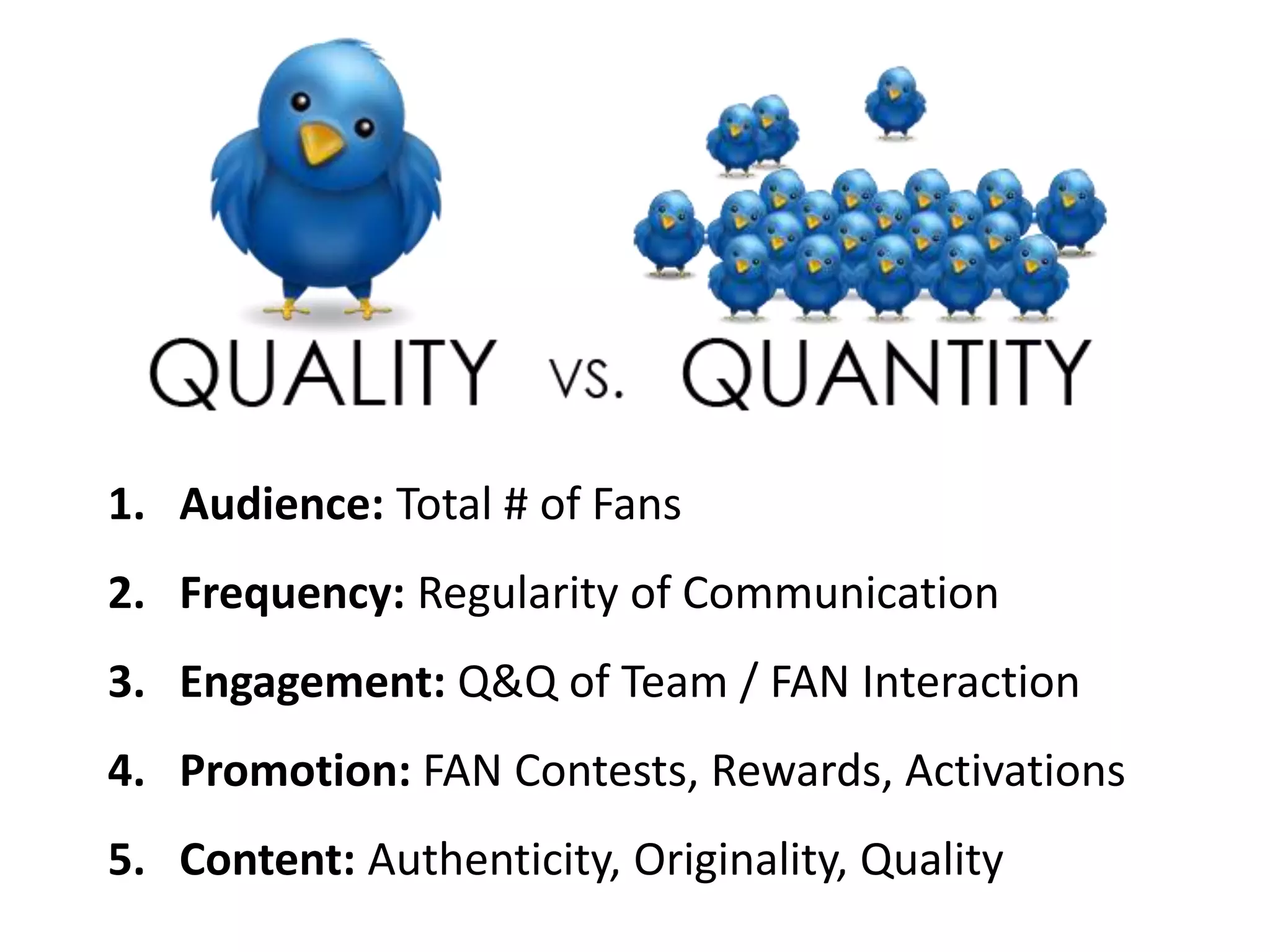1. Audience: Total # of Fans
2. Frequency: Regularity of Communication
3. Engagement: Q&Q of Team / FAN Interaction
4. Promotion: FAN Contests, Rewards, Activations
5. Content: Authenticity, Originality, Quality
 