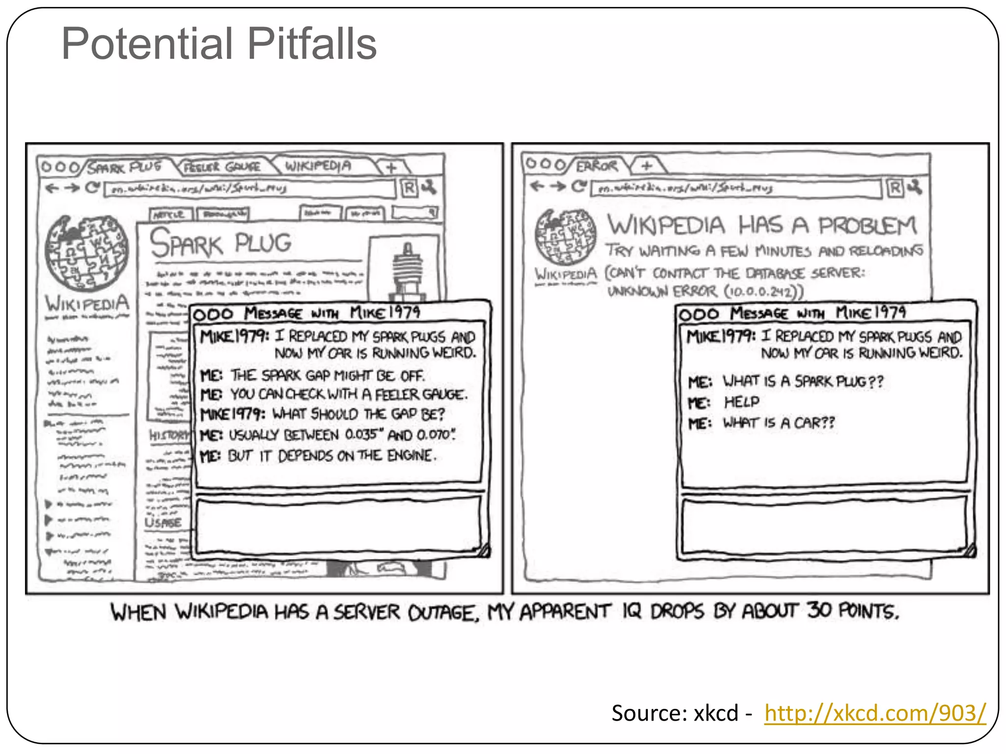 Potential Pitfalls




                     Source: xkcd - http://xkcd.com/903/
 