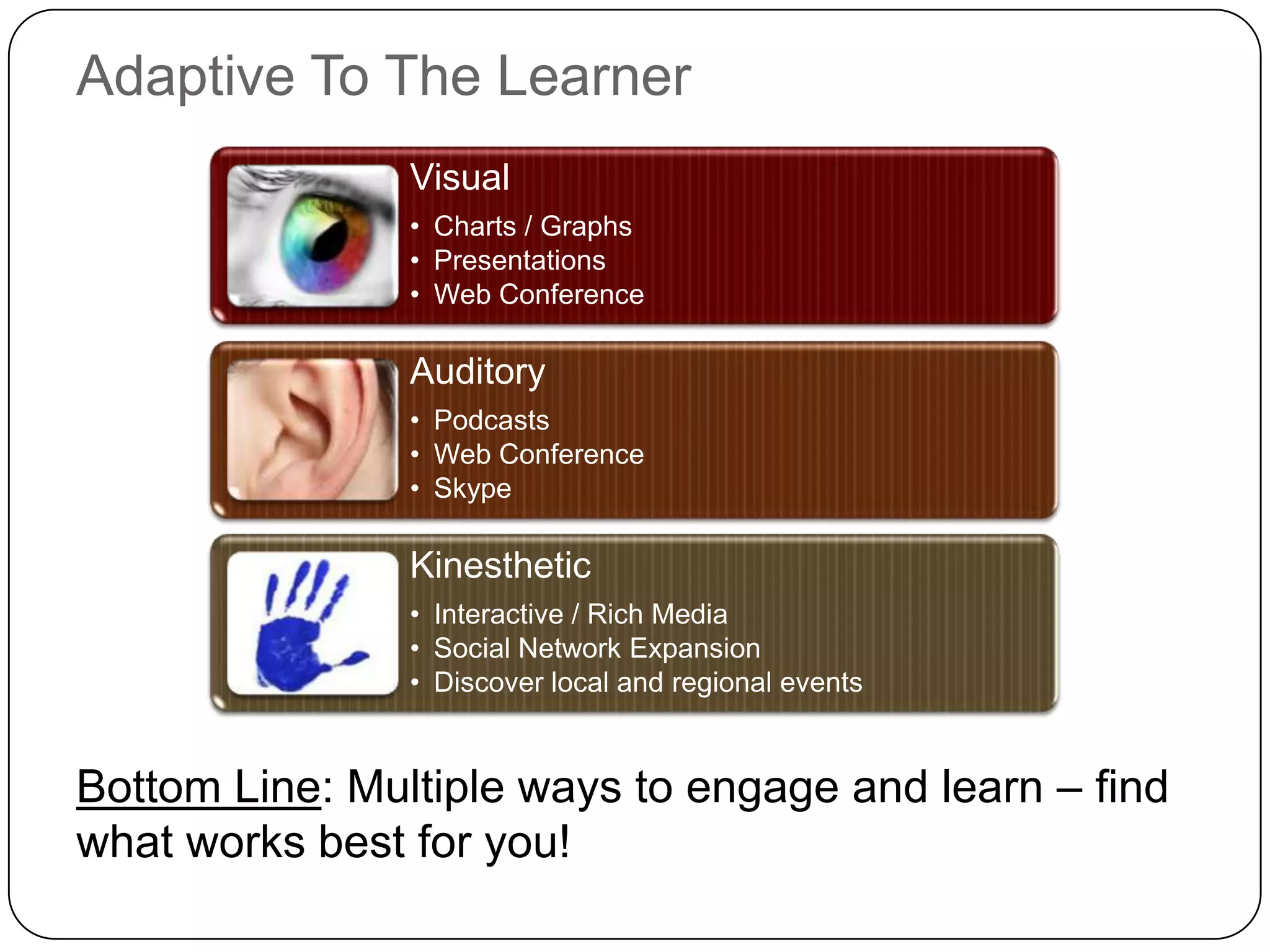 Adaptive To The Learner
                Visual
                • Charts / Graphs
                • Presentations
                • Web Conference

                Auditory
                • Podcasts
                • Web Conference
                • Skype

                Kinesthetic
                • Interactive / Rich Media
                • Social Network Expansion
                • Discover local and regional events


Bottom Line: Multiple ways to engage and learn – find
what works best for you!
 