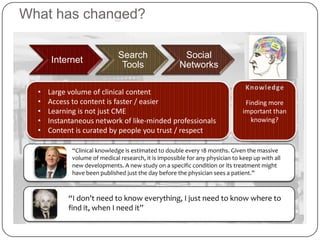 What has changed?

                               Search                   Social
      Internet
                                Tools                  Networks

  •   Large volume of clinical content
  •   Access to content is faster / easier                                       Finding more
  •   Learning is not just CME                                                  important than
  •   Instantaneous network of like-minded professionals                           knowing?
  •   Content is curated by people you trust / respect

             “Clinical knowledge is estimated to double every 18 months. Given the massive
             volume of medical research, it is impossible for any physician to keep up with all
             new developments. A new study on a specific condition or its treatment might
             have been published just the day before the physician sees a patient.”



            “I don't need to know everything, I just need to know where to
            find it, when I need it”
 