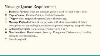 Message Queue Requirement
1. Business Purpose: what the message queue is used for, and what it does.
2. Type of queue: Point to Point or Publish/Subscribe
3. Trigger: what triggers the generation of the message.
4. Message Payload: details of the payload, with clear explanation of fields,
description, data type/length, mandatory/optional, mapping, accepted values.
5. Acknowledgement: from consumer/subscribers if any
6. Non-Functional Requirement: Security, Encryption, Performance, Handling
message loss/duplication…
7. Sample payload
 