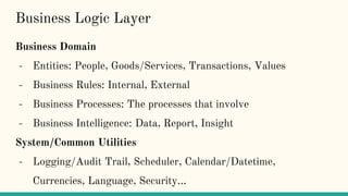 Business Domain
- Entities: People, Goods/Services, Transactions, Values
- Business Rules: Internal, External
- Business Processes: The processes that involve
- Business Intelligence: Data, Report, Insight
System/Common Utilities
- Logging/Audit Trail, Scheduler, Calendar/Datetime,
Currencies, Language, Security…
Business Logic Layer
 