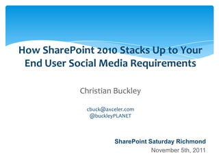 How SharePoint 2010 Stacks Up to Your
         End User Social Media Requirements

                                     Christian Buckley

                                         cbuck@axceler.com
                                          @buckleyPLANET



                                                      SharePoint Saturday Richmond
                                                                  November 5th, 2011
Email               Cell           Twitter          Blog
cbuck@axceler.com   425.246.2823   @buckleyplanet   http://buckleyplanet.com
 